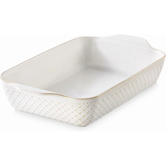 9x13 Inch Ceramic Lasagna Baking Dish with Handles, 4-Quart Oven-Safe Rectangular Casserole Pan, Arctic White Glazed Embossed Finish