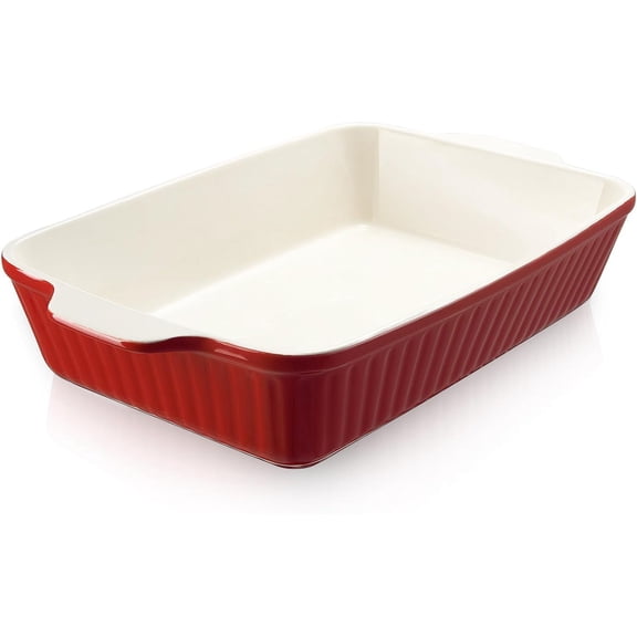 9x13-Inch Deep Ceramic Casserole Baking Dish with Handles, 135 oz Oven Safe Pan for Lasagna and Roasting, Red