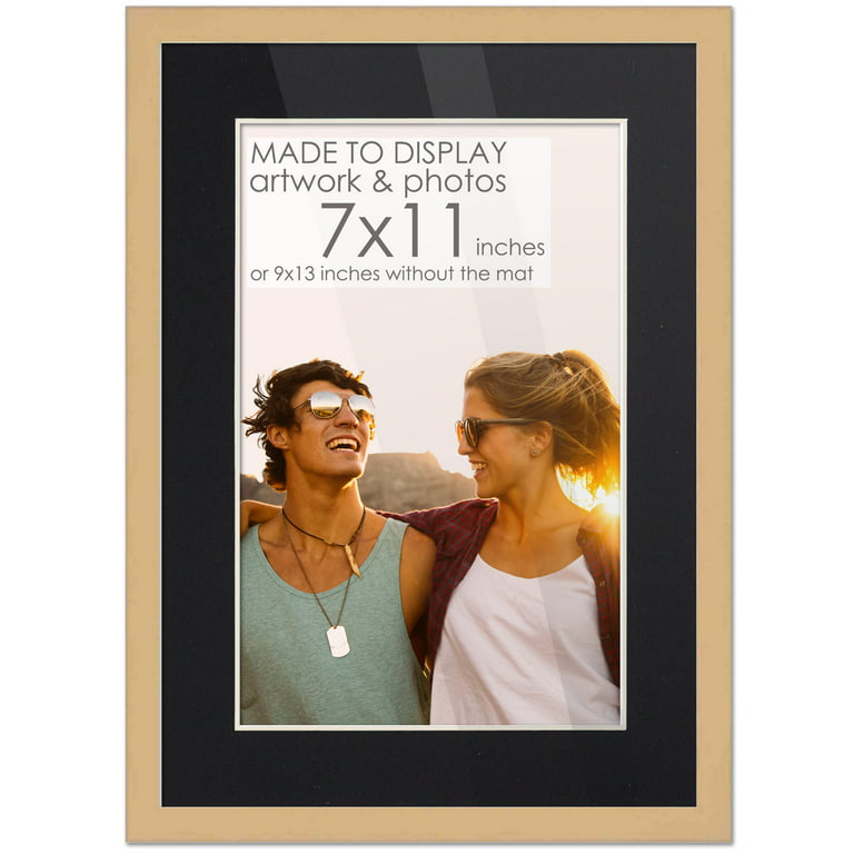 9x13 Natural Picture Frame with 6.5x10.5 Black Mat Opening for 7x11 Image,  0.75 Inch Border, UV