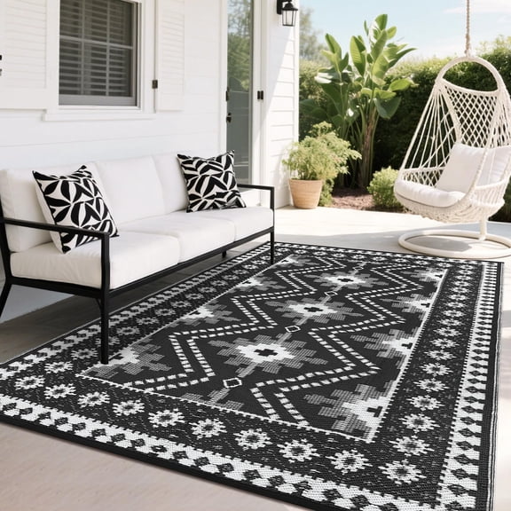 9x18 Black White Waterproof Outdoor Plastic Straw Mat Reversible Patio Carpet, Stain Resistant Portable RV Camping Rug, Geometric Outside Floor Cover for Porch Deck Garden Poolside Yard Picnic