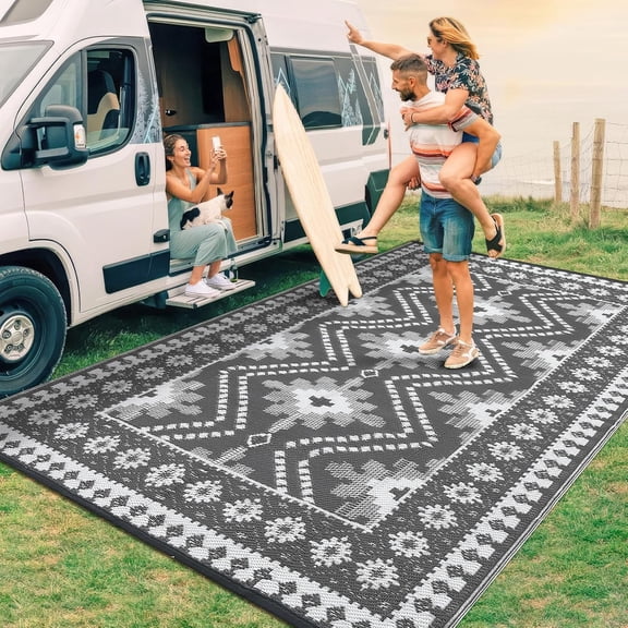 9x18 Ft Indoor Outdoor Rug Patio Washable Soft Vintage Diamond Grey and White