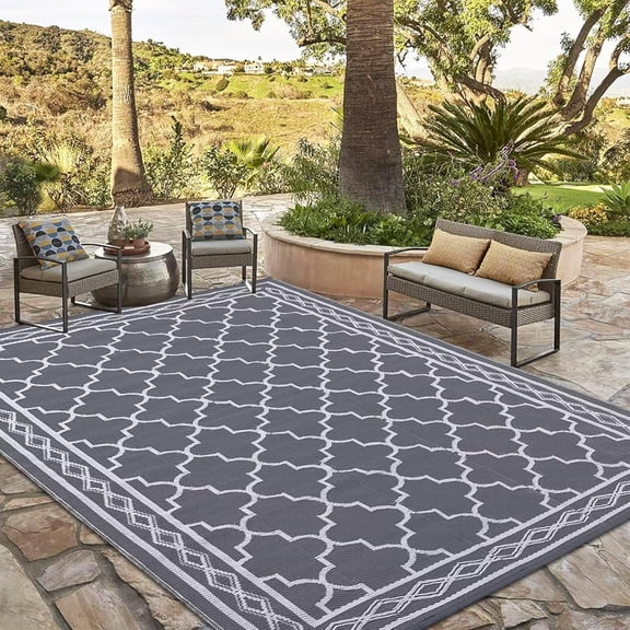 9x18 Ft Outdoor Moroccans Waterproof Reversible Rug for Patio and Backyard Grey