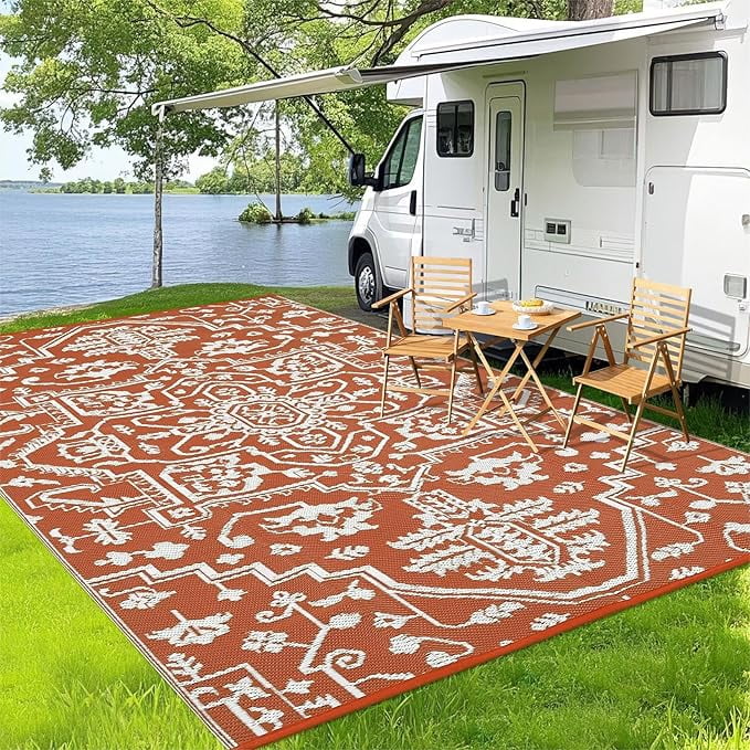9x18 Large Outdoor Rug for Patio Rugs Waterproof, Reversible Plastic Straw Rug Medallion Pattern, Vintage Camping Rug, Foldable Lightweight Carpet for RV, Porch, Deck, Backyard, Balcony(Brick Color)
