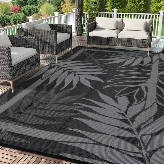 9x18 Outdoor Rug for Patio Clearance, Waterproof Carpet for Hallway & Poolside - All-Weather Heavy Duty Mat for High Traffic Walkway, Deck, Porch, Commercial Entryway,Black+Grey