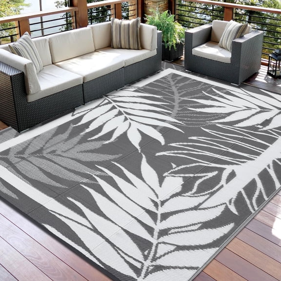 9x18 Outdoor Rug for Patio Clearance, Waterproof Carpet for Hallway & Poolside - All-Weather Heavy Duty Mat for High Traffic Walkway, Deck, Porch, Commercial Entryway,Grey+ White