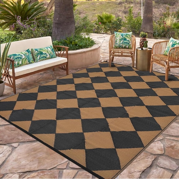 9x18 Outdoor Rug for Patio Reversible, Plastic Straw Rug Waterproof Camping Rug Portable, Foldable Lightweight Mat for RV, Patio, Backyard, Deck, Picnic, Beach (Black/Brown)