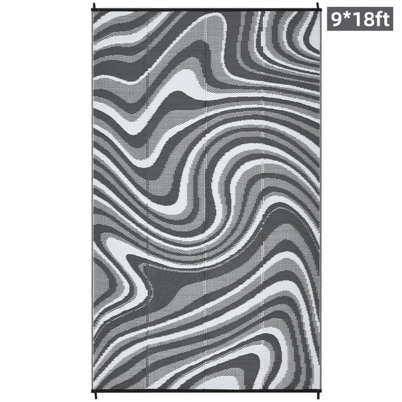 9x18 Outdoor Rug, Waterproof Reversible Plastic Straw Mat, UV Resistant Non-Slip Rubber Backing Portable Area Rug for Porch, Backyard, Deck, RV & Patio, Black Grey