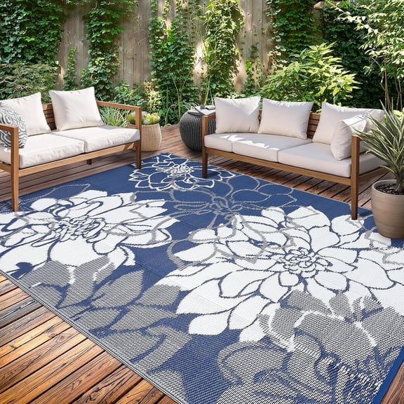 9x18 Runner Rug Floral Reversible Waterproof Easy Clean for Patio RV Navy