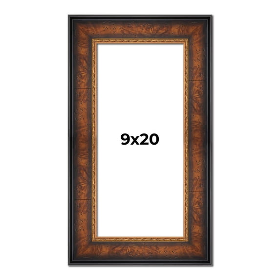 9x20 Frame Brown Walnut Gold Ornate Trim Solid Wood Plein Air Picture Frame | 3 Inch Moulding Width