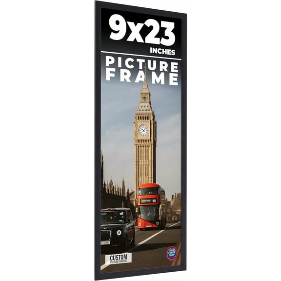 9x23 Black Real Wood Picture Frame, 0.75" Wide, 0.5" Depth, Noir Classique Mid Century Photo Frame with UV Acrylic & Hanging Hardware