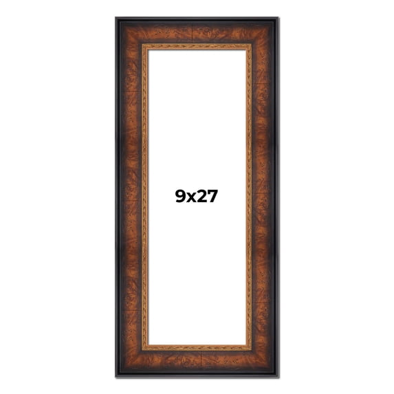 9x27 Frame Brown Walnut Gold Ornate Trim Solid Wood Plein Air Picture Frame | 3 Inch Moulding Width