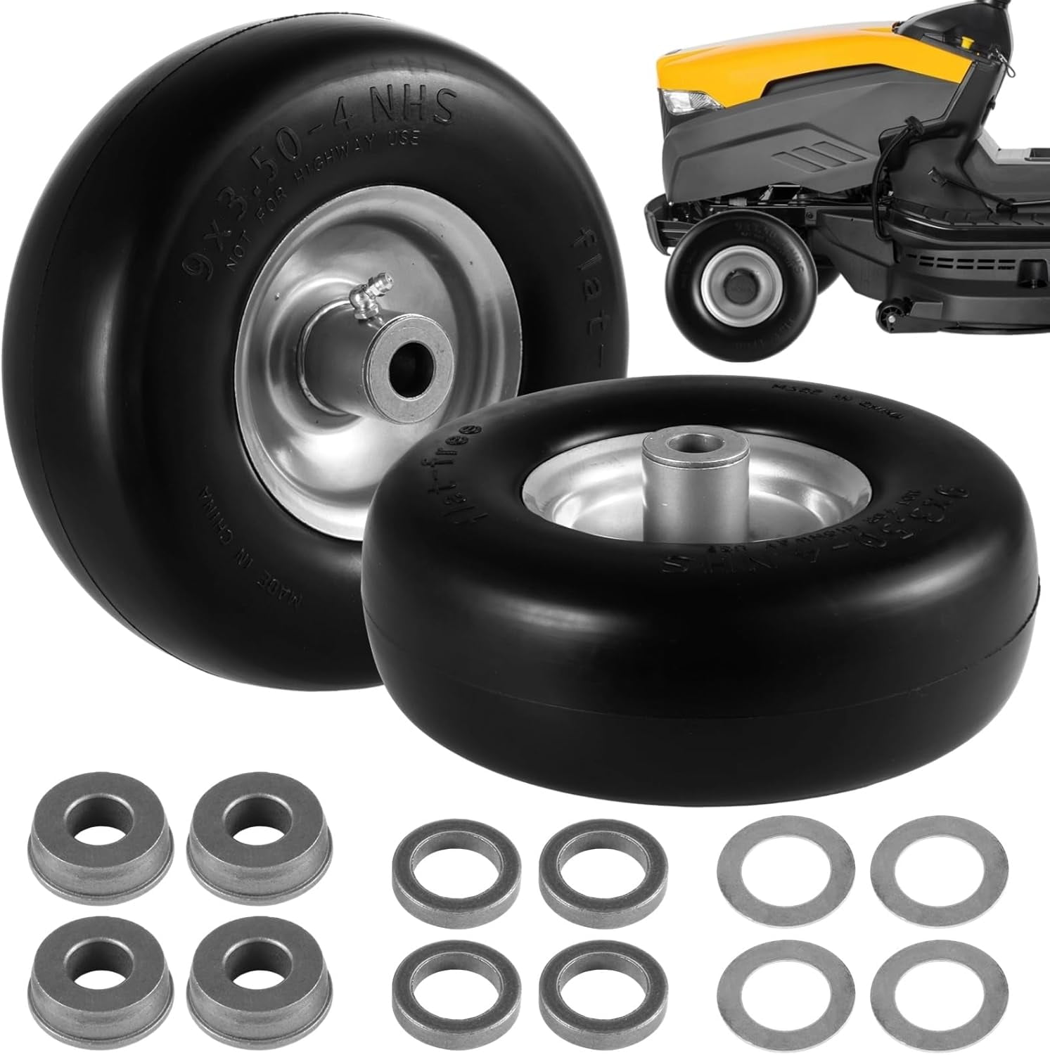 9x3.50 4 Flat Free Tire and Wheel 9 Inch Smooth Solid Tires Fit for Lawn Mower Zero Turn Mower with 4pcs Steel Washers 4pcs Bore Bushings 4pcs Galvanized Spacers Walmart