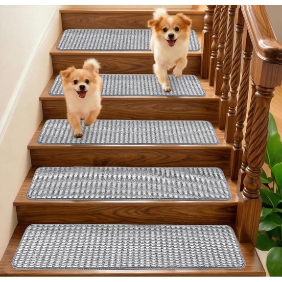 9x30 Inch Stair Treads for Wooden Steps Indoor(15-Pack) – Non Slip Adhesive Peel and Stick Carpet Stair Treads, Washable & Reusable Stair Runner Rugs for Kids Elders and Pets-White & Grey