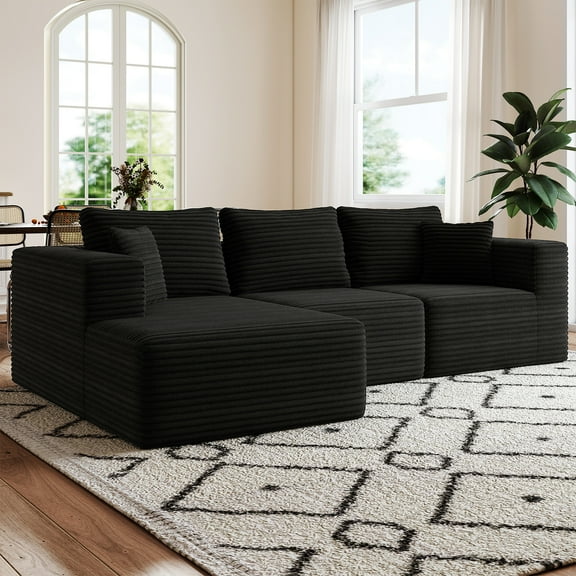 9x5 Feet Boneless Sectional Couch, L-Shaped Cloud Sofa, 3 Seat Modular Memory Foam Couch for Medium Room (Black, Left Facing Chaise)