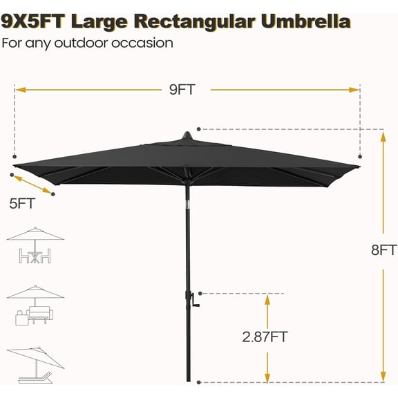 9x5 Feet Rectangle  Table Umbrella - Crank Tilt Market Umbrella with Vented Canopy, Fade-Resistant Waterproof for Pool Garden Deck, Black