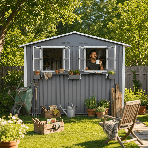 9x6 FT Outdoor Metal Storage Shed with Window & Flower Rack, Lockable Double Doors Tool Shed, Waterproof Weatherproof Garden Shed for Backyard Patio, Gray