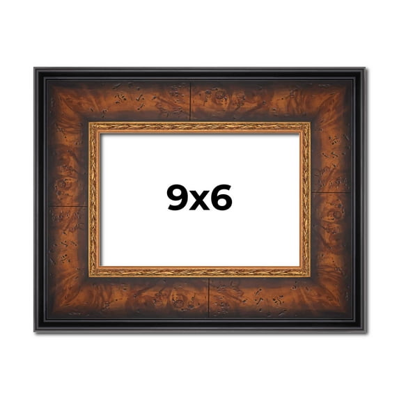 9x6 Frame Brown Walnut Gold Ornate Trim Solid Wood Plein Air Picture Frame | 3 Inch Moulding Width