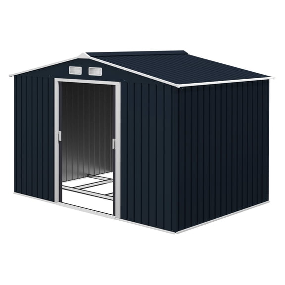 9x6 ft Outdoor Storage Shed - Metal Garden Shed w/ Foundation Kit - Double Door, Vents, Sloping Roof - Backyard Patio Lawn - Dark Gray