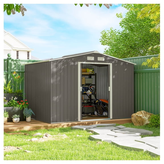 9x6 ft Outdoor Storage Shed Metal Garden Tool Shed with Foundation Kit Light Gray