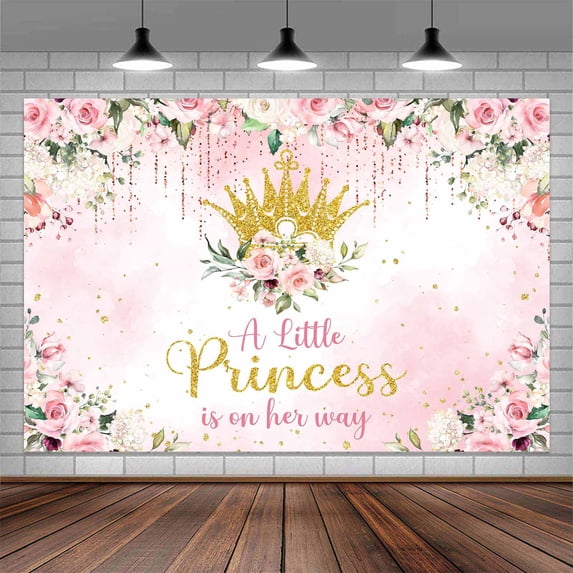 9x6ft Baby Shower Backdrops for Photography A Little Princess Baby Shower Party Decorations for Girls Pink Flower Floral Party Banner Gold Crown Glitter Photo Backdrop Background Cake Table Decor