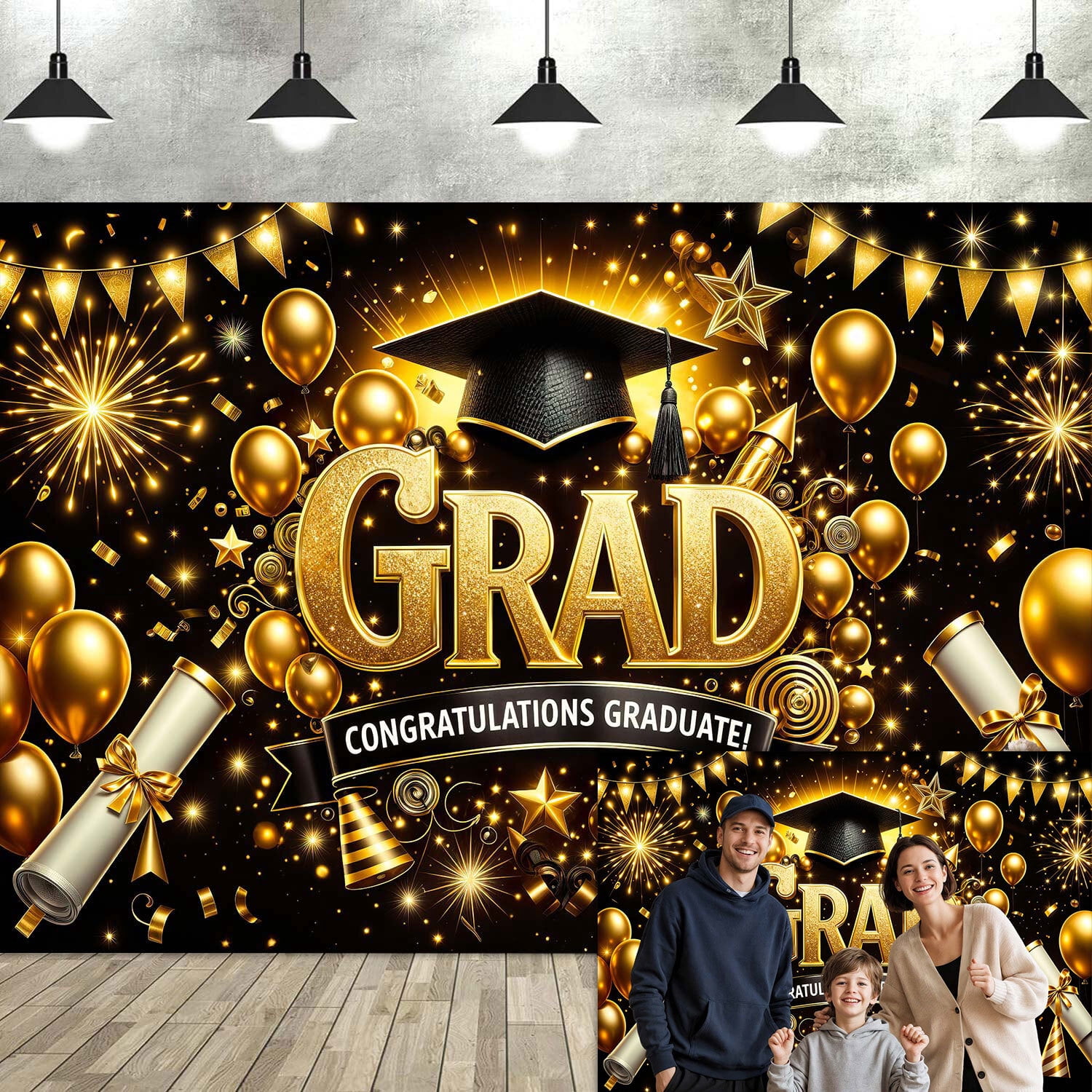 9x6ft Black and Gold Graduation Photography Backdrop, Congratulations Graduate Photo Booth Background with Cap Diploma Balloons, 2026 Grad Party Decor for High School College Graduation Supplies