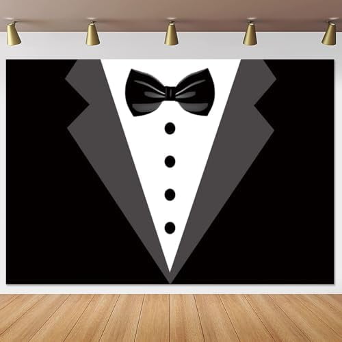 9x6ft Black Tuxedo Backdrop Gentleman Tuxedo White Shirts Suit Bow Tie Photography Background Men Father's Day Birthday Party Decor Banner Vinyl Photo Booth Props