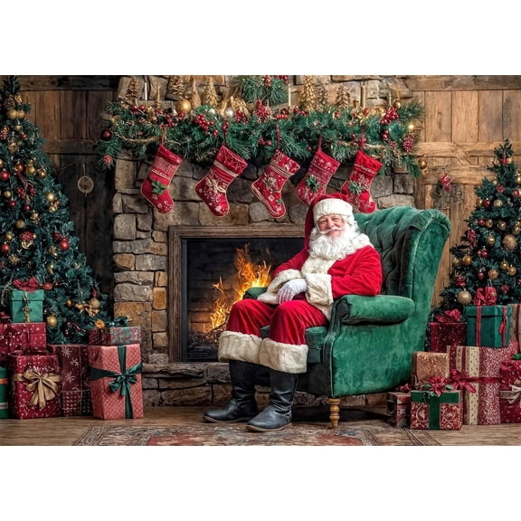 9x6ft Christmas Photo Backdrop for Photography - Fireplace Merry Christmas Tree Santa Claus Banner, Xmas Tree Winter Holiday New Year Party Decorations and Supplies for Home