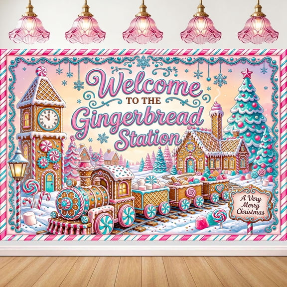 9x6ft Gingerbread Train Christmas Backdrop, Pink Candy Winter Photography Background, Gingerbread Station Xmas Photo Booth Prop for Party Studio Decor