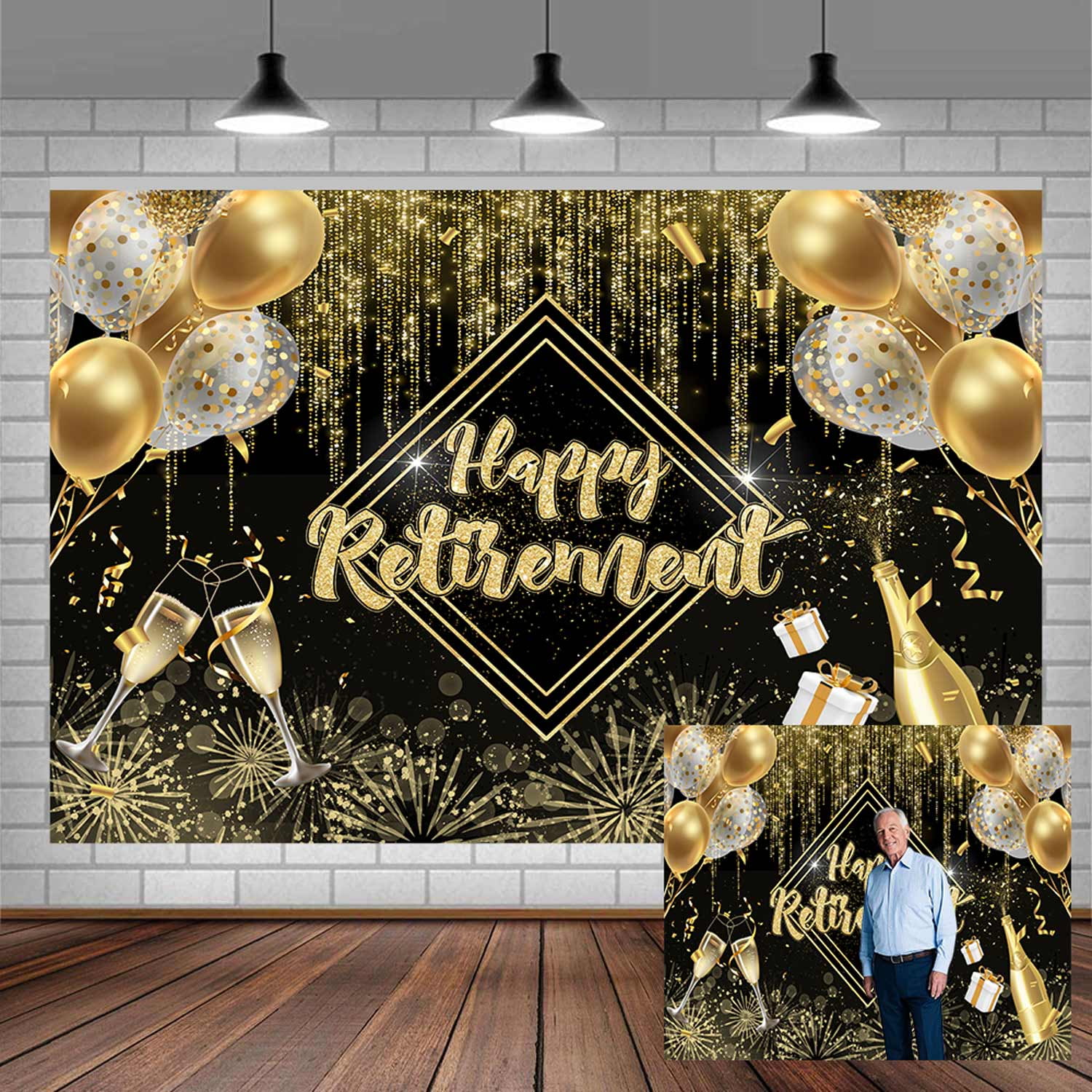 9x6ft Happy Retirement Backdrop Party Decorations, Black and Gold ...