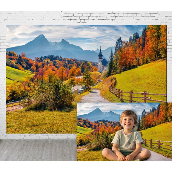 9x6ft Outdoor Background Autumn Foliage Countryside Path Wooden Fence Church Snow - Capped Alps Scenic Wedding Photoshoot Birthday Party Photography Backdrop