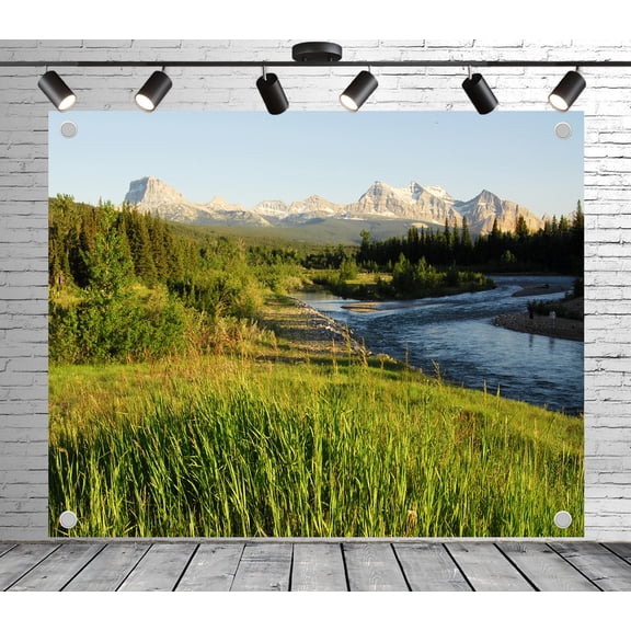 9x6ft Outdoor Background Blue Sky River Green Grassland Forest Snow - capped Mountains Scenic Wedding Birthday Party Photography Backdrop