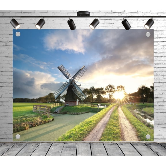 9x6ft Outdoor Background Windmil Sunset Blue Sky Clouds Green field Dirt Road Canal ScenicWedding Birthday Party Photography Backdrop