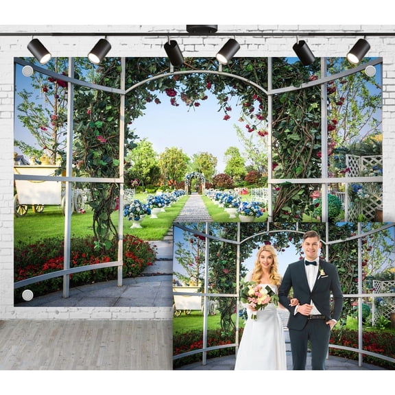 9x6ft Outdoor Garden Wedding Photoshoot Backdrop White Iron Arch Flower Vines Dotted with Red Flowers Bride and Groom Ceremony Party Engagement Proposal Background Photography Studio Props
