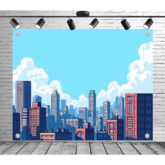 9x6ft Party Backdrop Cityscape Photo Backdrop Pixel Art Background for Theme Party Wedding Birthday Baby Shower Decoration Banner Photo Booth Studio Props