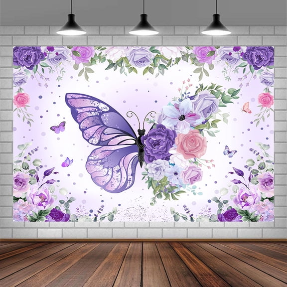 9x6ft Purple Butterfly Birthday Backdrop for Girl's Flower Leaves Floral Pastel Butterflies Birthday Background Pink Princess Gold Rose Butterfly Cake Table Party Decorations Banner Photo Booth Studio