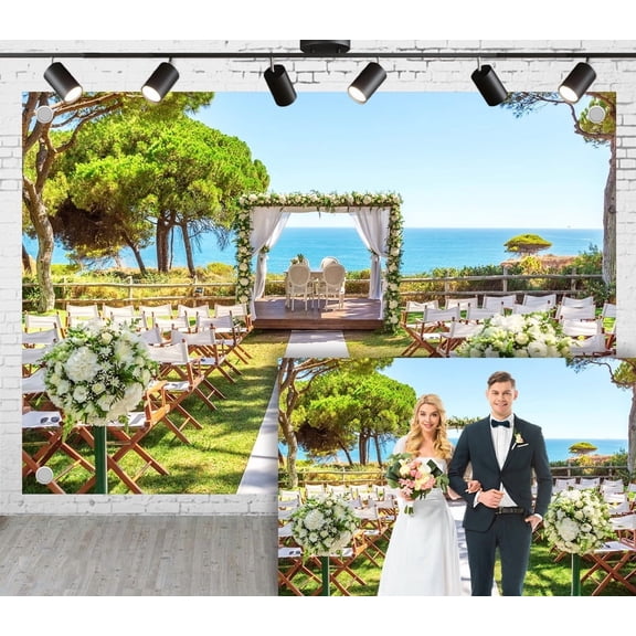 9x6ft Wedding Photoshoot Backdrop Lawn Sea Tree Floral Veil Four-corner Pavilion Background For Engagement Proposal Birthday Party Decoration Outdoor Theme Video Studio Props