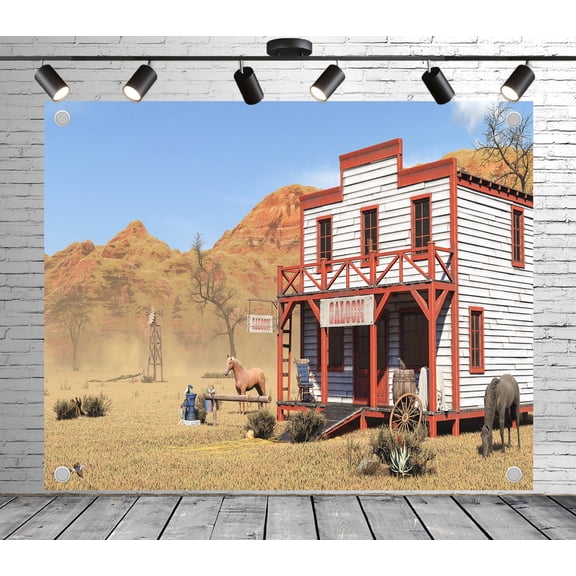 9x6ft Western Backdrop Detailed Saloon in Desert Photo Backdrop Photography Background for Theme Party Wedding Birthday Baby Shower Decoration Banner Photo Booth Studio Props