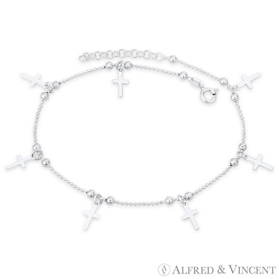 9x6mm Flat Latin Cross on 3mm Ball & 1.1mm Faceted Bead Chain Italian Charm Anklet in .925 Sterling Silver