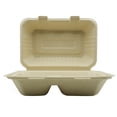thumbnail image 1 of 9x6x3 Compostable 2 compartment Fiber Molded/Bagasse Take out Container, Hinged, Unbleached, 250 CT, 1 of 3