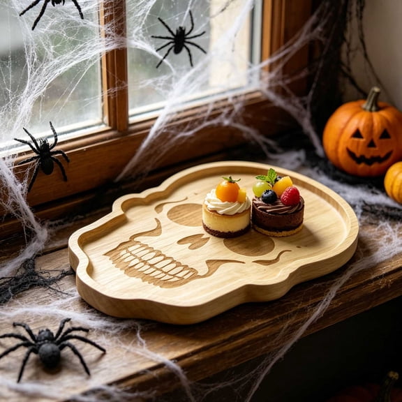 9x7 Inch Halloween Wooden Skeleton Tray, Gothic Serving Platter for Candy Snacks Fruit, Spooky Party Table Centerpiece, Home Kitchen Decor