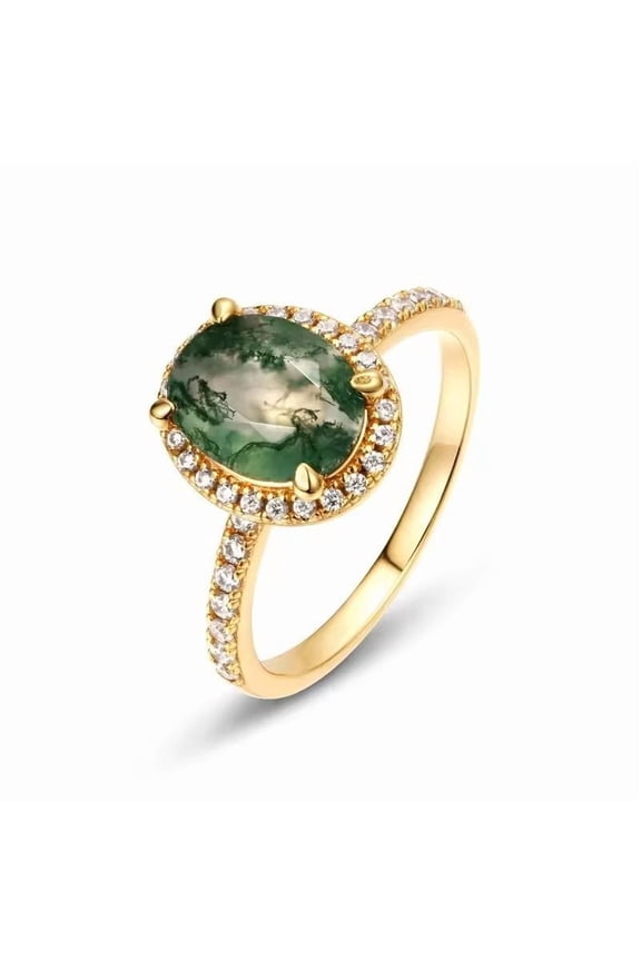 9x7 mm Oval Cut Lab Created Green Moss Agate & Halo Diamond Ring in 925 Sterling Silver for Her - Elegant and Timeless Jewelry Piece