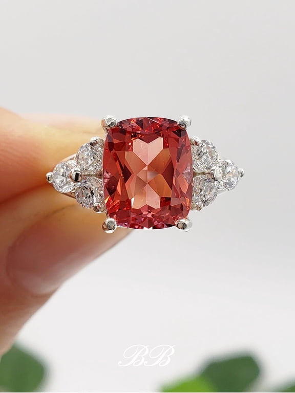 9x7mm-10x8mm Lab Orange Padparadscha Sapphire Elongated Cushion Cut, Multi-Stone Ring, Sterling Silver