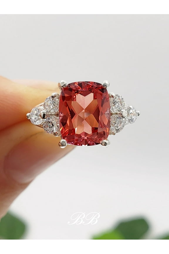 9x7mm-10x8mm Lab Orange Padparadscha Sapphire Elongated Cushion Cut, Multi-Stone Ring, Sterling Silver