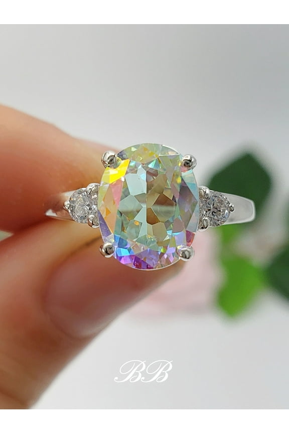 9x7mm - 14x10mm Mystic Mercury Topaz Oval Cut, Three Stone Ring, 6A Quality Cubic Zirconia Accents, Sterling Silver or Gold, Made to Orde