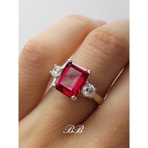 9x7mm Lab Ruby Emerald Step Cut, Trellis Three Stone Ring, Sterling Silver or Gold, Made to Order, Jewelry Gift