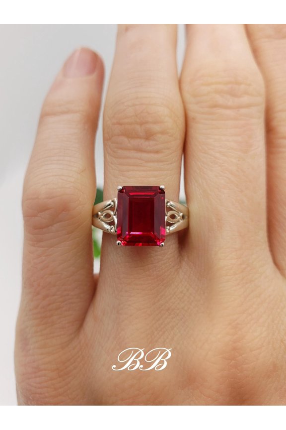 9x7mm Lab Ruby Emerald Step Cut, Trellis Three Stone Ring, Sterling Silver or Gold, Made to Order, Jewelry Gift