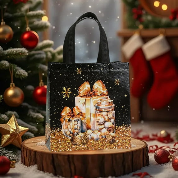 9x8.6in Black Non-Woven Christmas Gift Bag, Santa Snowflake Print Reusable Gift Wrapping Bag