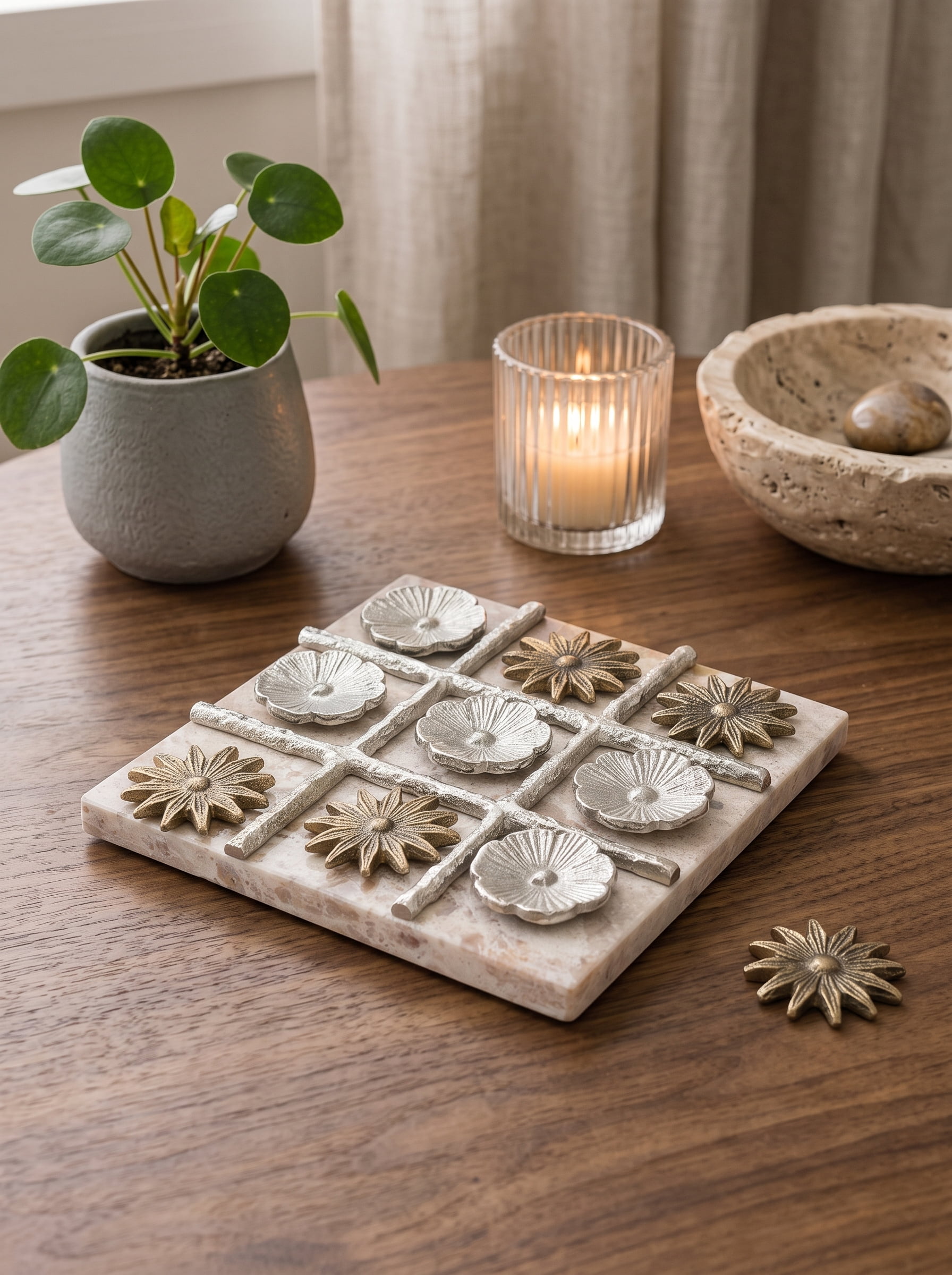 9x9" Floral TIC TAC TOE Game Set with Marble Base and Gold and Silver Finish, Luxury Coffee Table Decor Accent, Modern Glam Stone Game Set for Home or Office