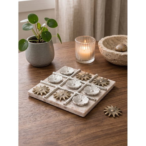 9x9" Floral Tic Tac Toe Game Set with Marble Base & Gold/Silver Finish Luxury Coffee Table Decor Accent, Modern Glam Stone Game for Home or Office, 9" Square Sculptural Board Game