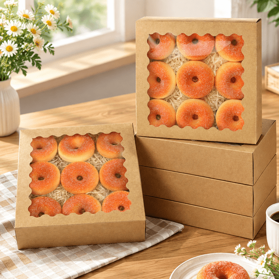 9x9x2.5 Inch Brown Pie Boxes with Window Cookie Donut Bakery Box (Auto-pop Up)
